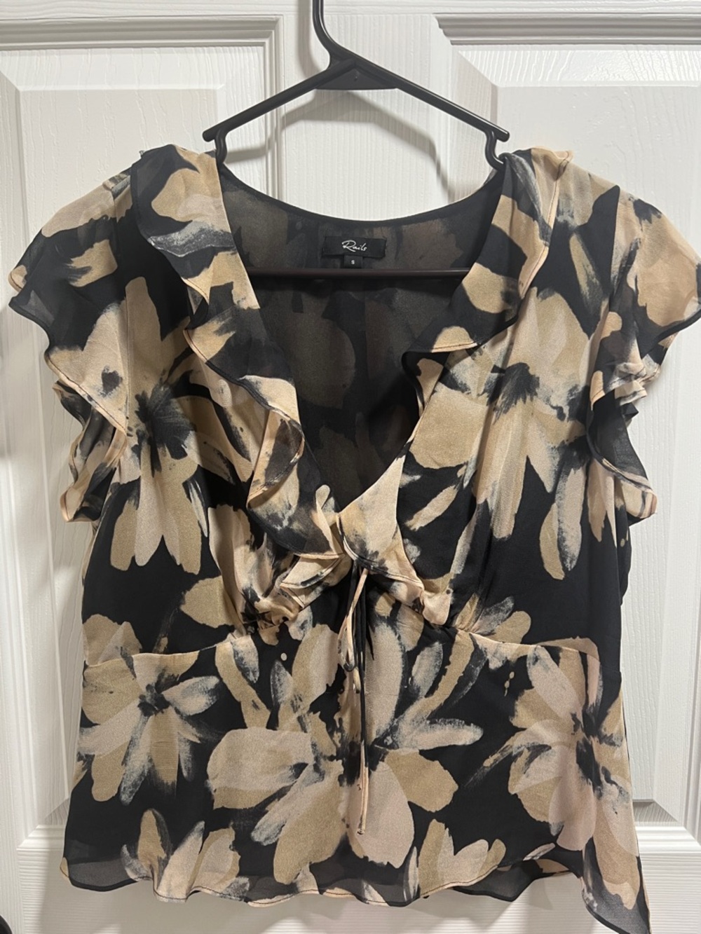 Rails Black & Beige Floral Ruffle Tie-Front Blouse